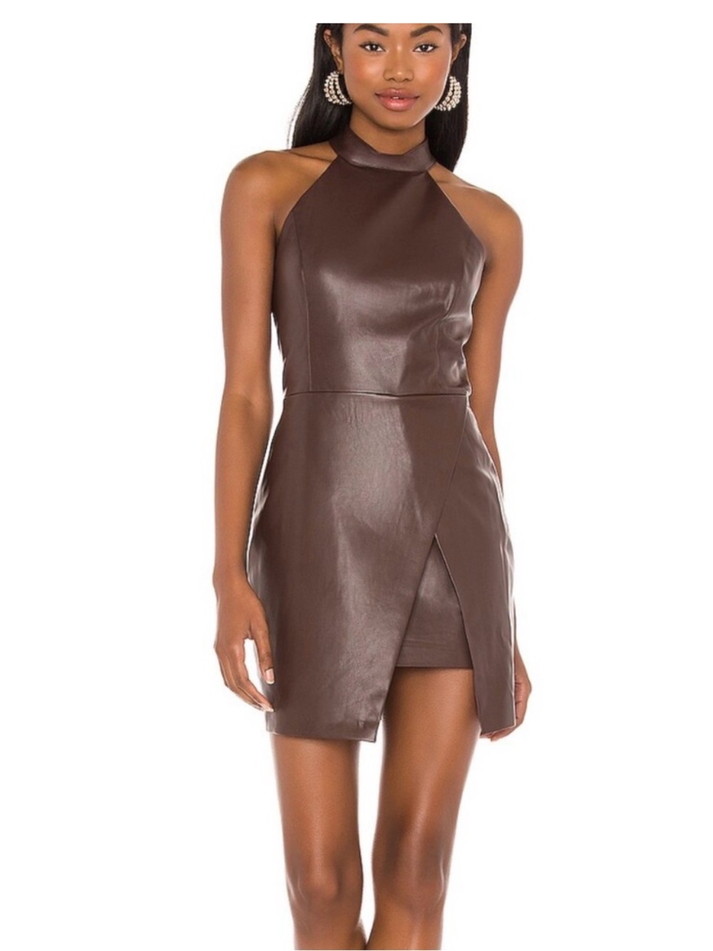 Amanda Uprichard Brown Faux-Leather Halter Mini Dress